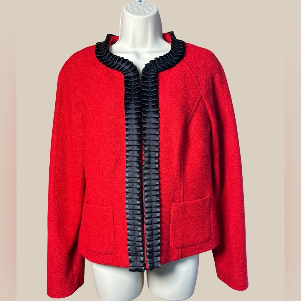 Pendleton Women’s VTG Red Merino Wool Jacket Black Ribbon Pleat Trim SZ M